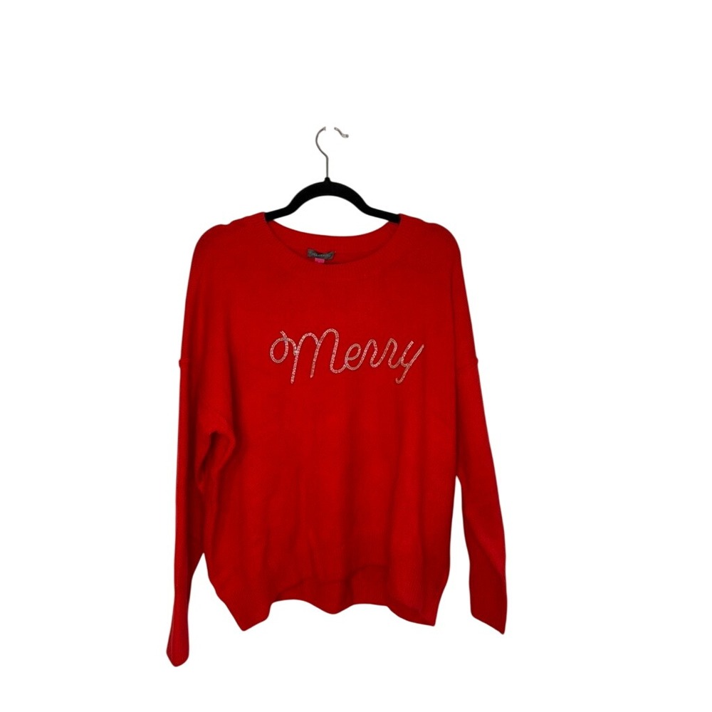 Vince Camuto Red Holiday Sweater Merry Rhinestone‎ Embellished Large L NWT